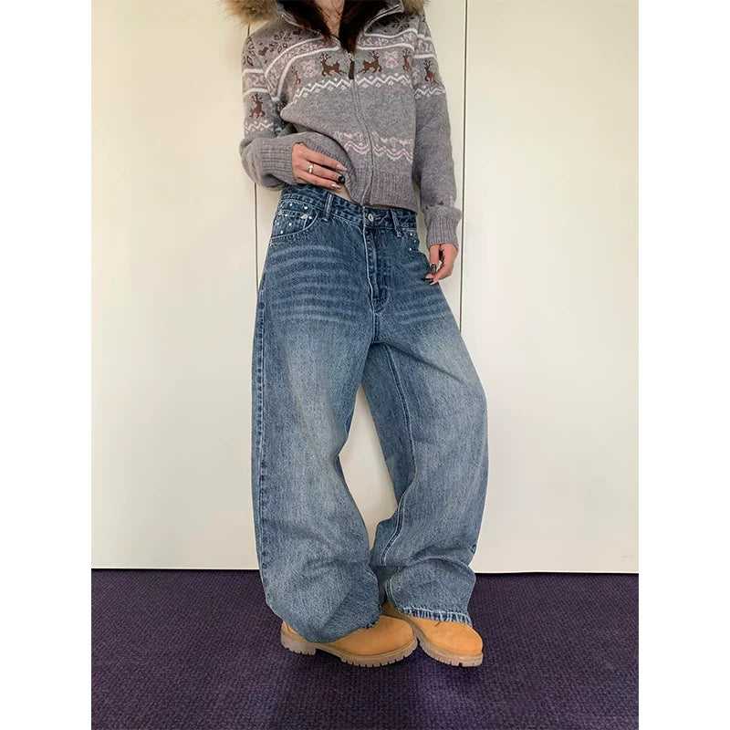 BADMUSE Star Print Washed Wide-Leg Jeans