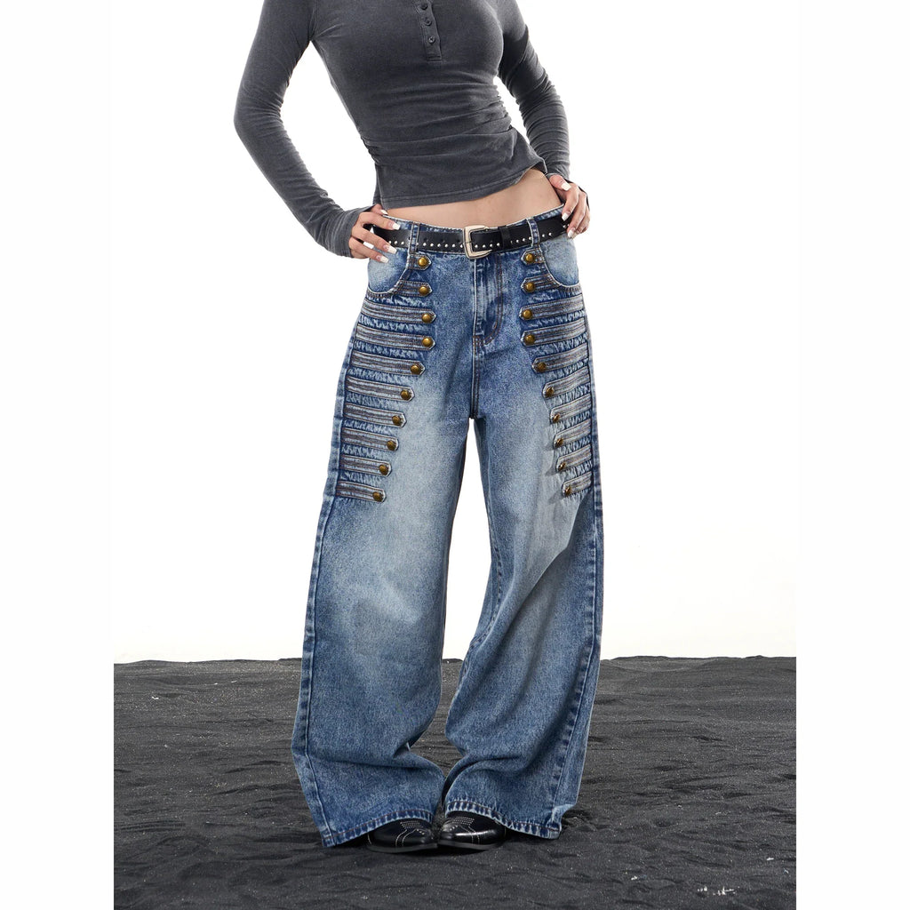 BADMUSE Multi-Button Low Waist Wide Leg Jeans