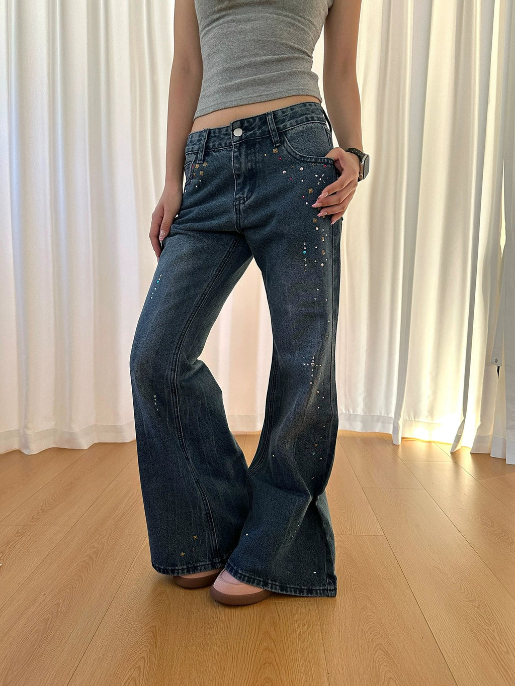 BADMUSE Vintage Rivet Rhinestone Flared Jeans