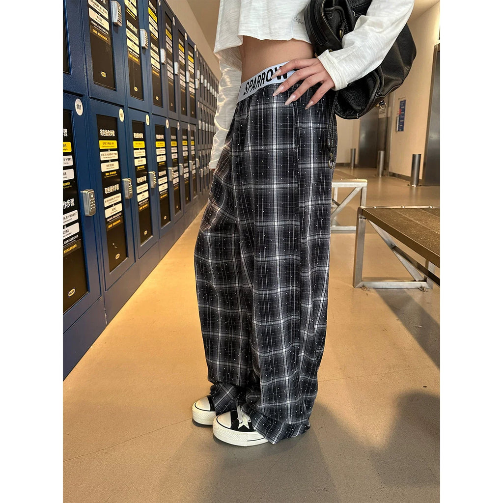 BADMUSE Rhinestone Plaid Casual Pants