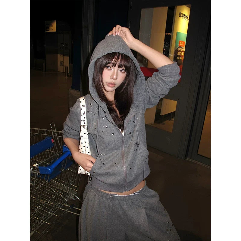 BADMUSE Studded Hooded Cardigan Sweatshirt Set