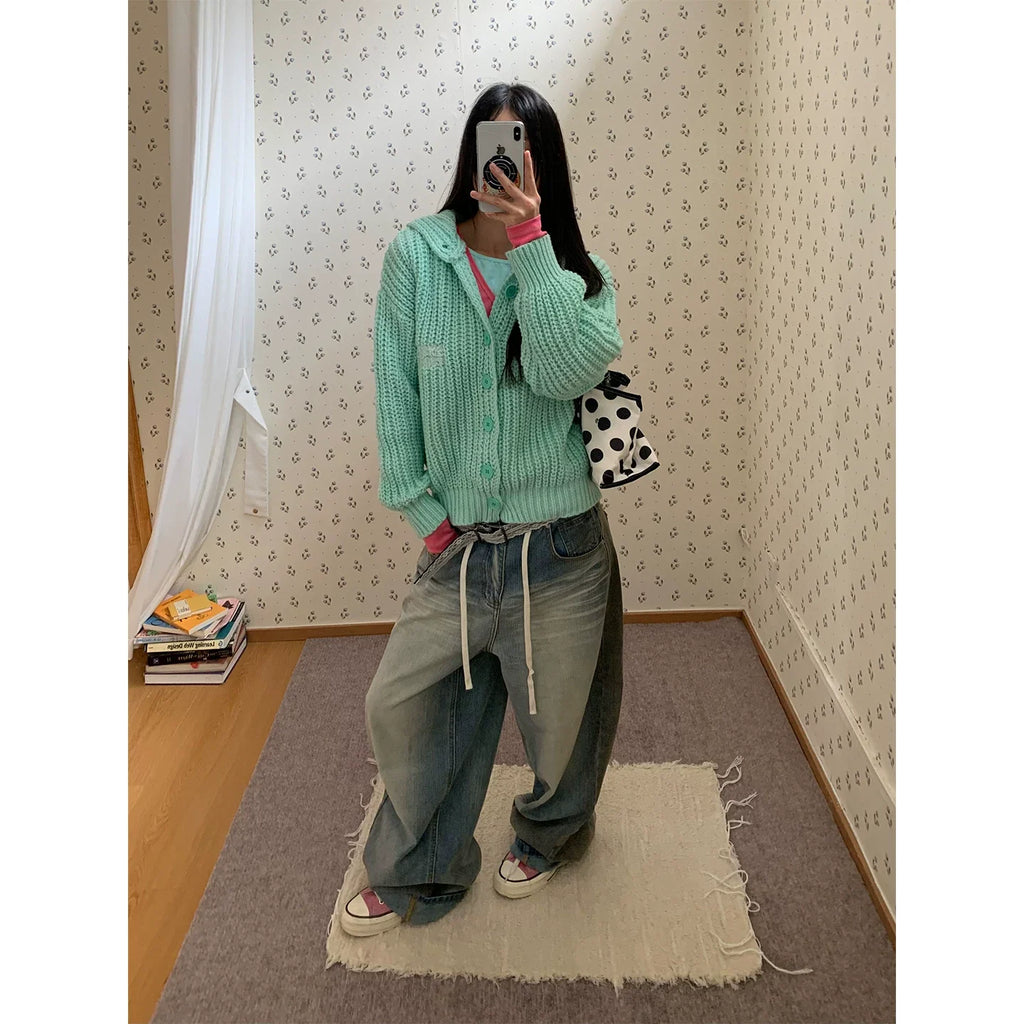 BADMUSE Button Knit Hooded Cardigan