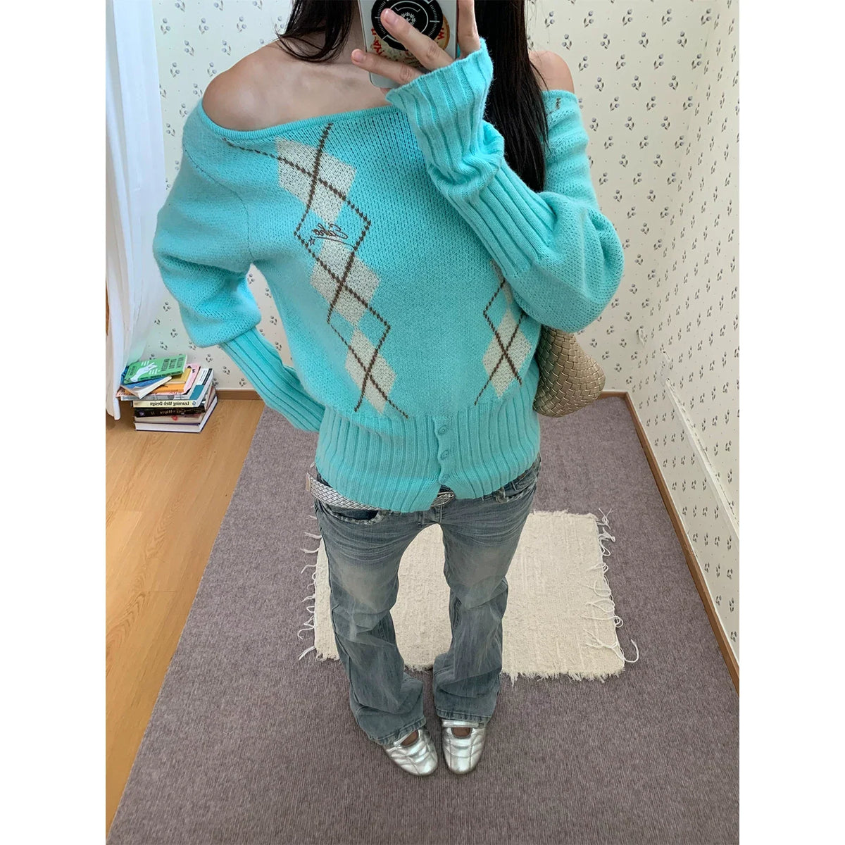 BADMUSE Asymmetric Argyle Knit Sweater