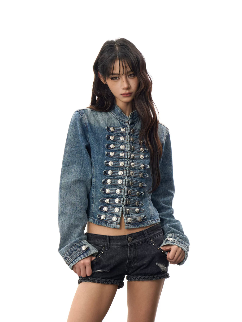 BADMUSE Double Breasted Cropped Denim Jacket