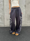 BADMUSE Letter Print Rivet Wide-Leg Drawstring Sweatpants