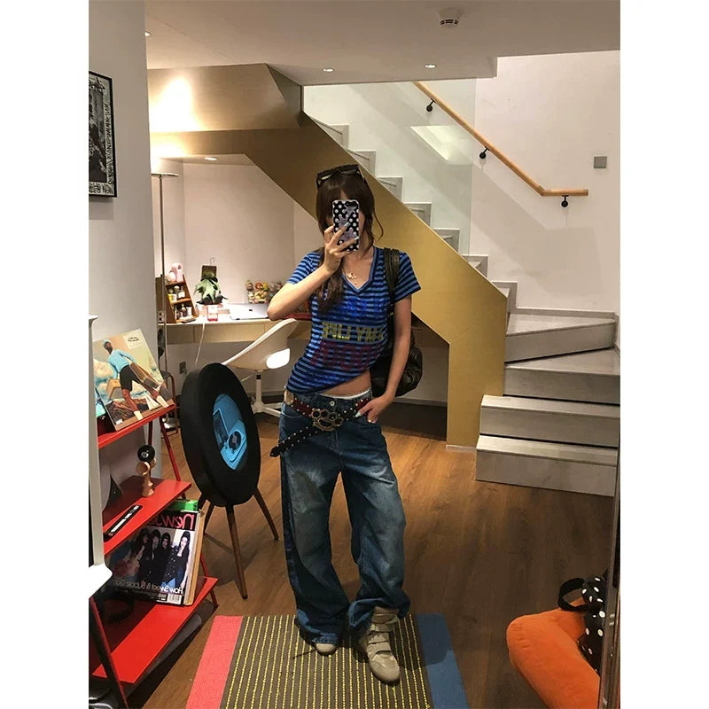 BADMUSE Patchwork Pocket Wide Leg Straight Jeans