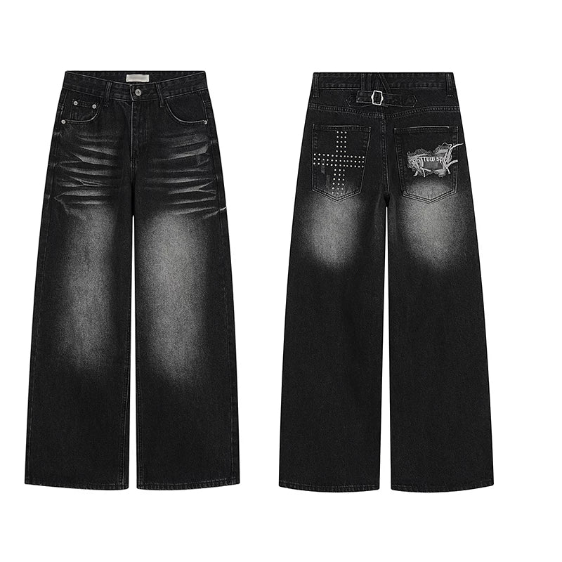 BADMUSE Washed Cross Studded Wide Leg Jeans
