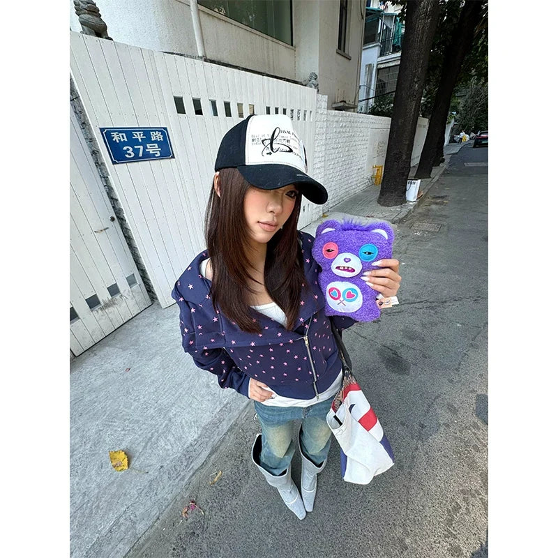 BADMUSE Star Print Hooded Zip Up Sweatshirt