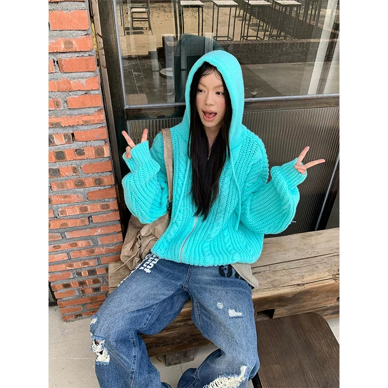 BADMUSE Cable Knit Hooded Sweater Cardigan