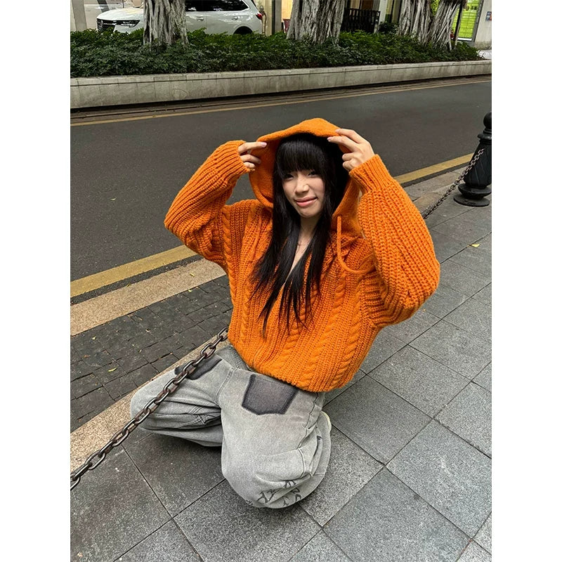 BADMUSE Cable Knit Hooded Sweater Cardigan