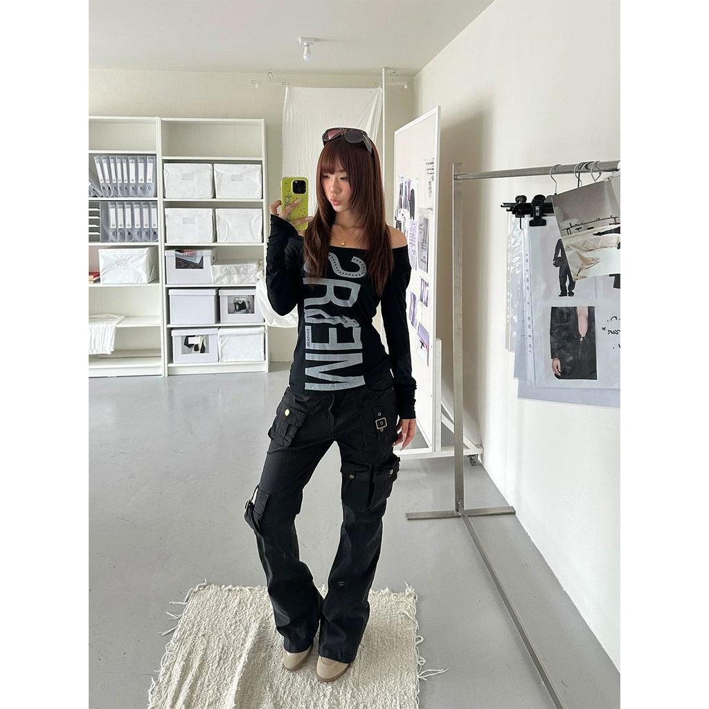 BADMUSE  U-Neck Letter Print Long Sleeve