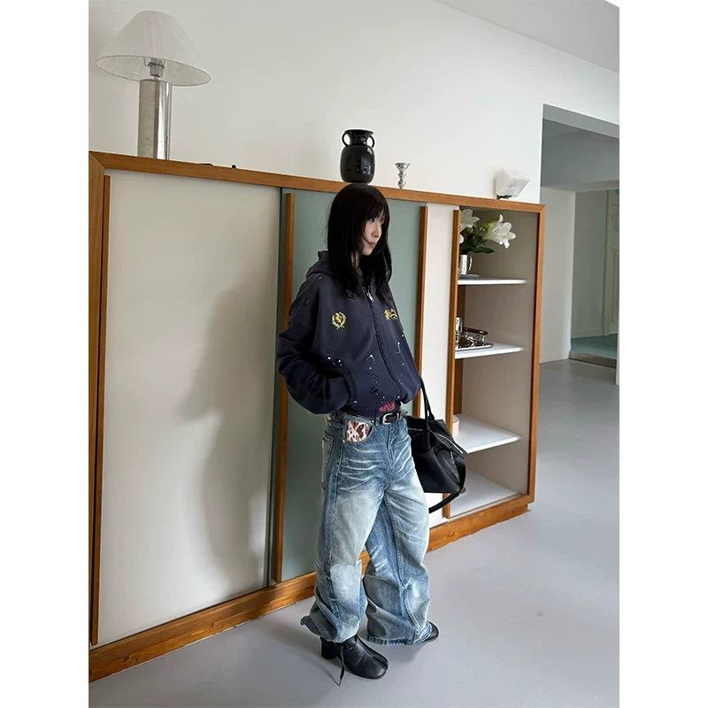 BADMUSE Washed Distressed Paint Splatter Zip-Up