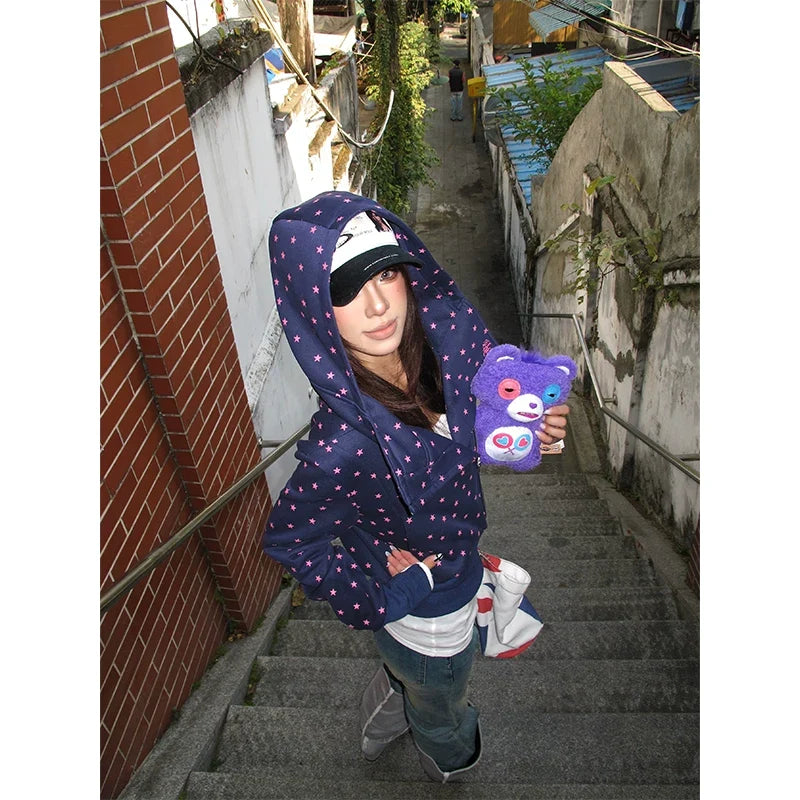 BADMUSE Star Print Hooded Zip Up Sweatshirt