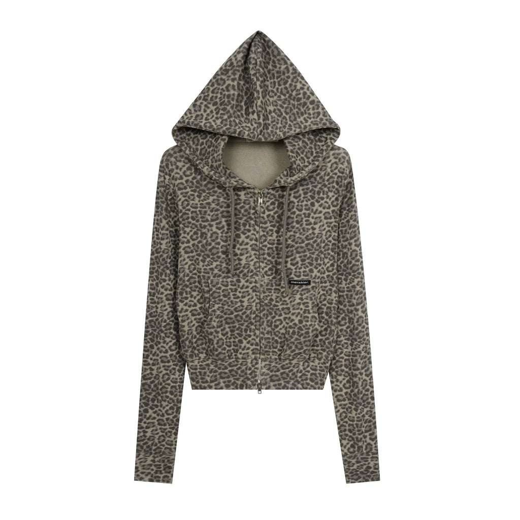 BADMUSE Leopard Cropped Zip-Up Hoodie