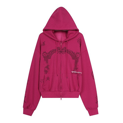 BADMUSE Waffle Graphic Zip-Up Hoodie