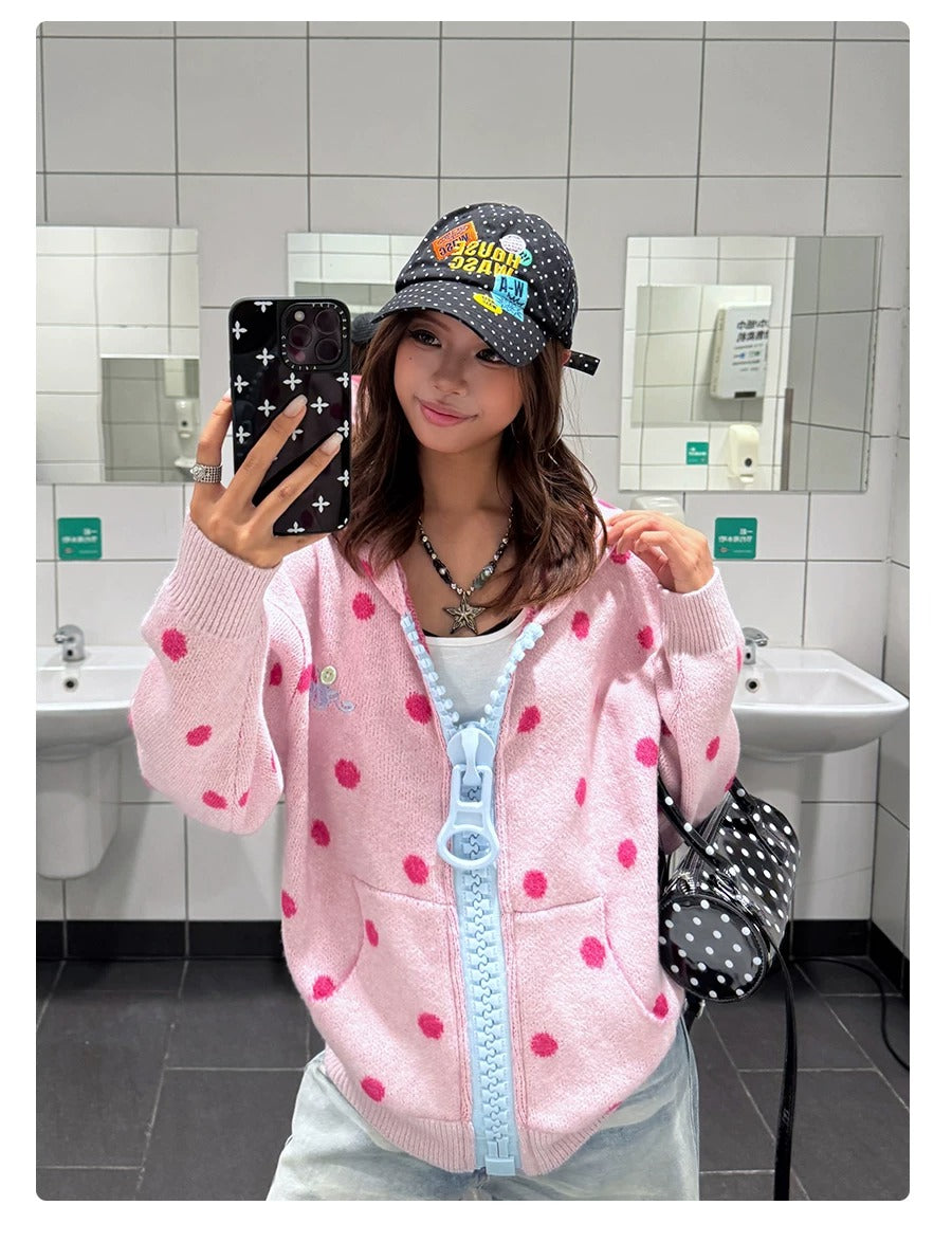 BADMUSE Polka Dot Big Zipper Hoodie Cardigan