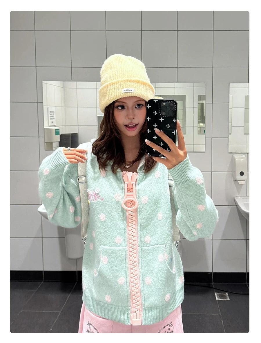 BADMUSE Polka Dot Big Zipper Hoodie Cardigan