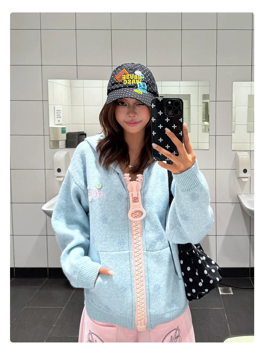 BADMUSE Polka Dot Big Zipper Hoodie Cardigan