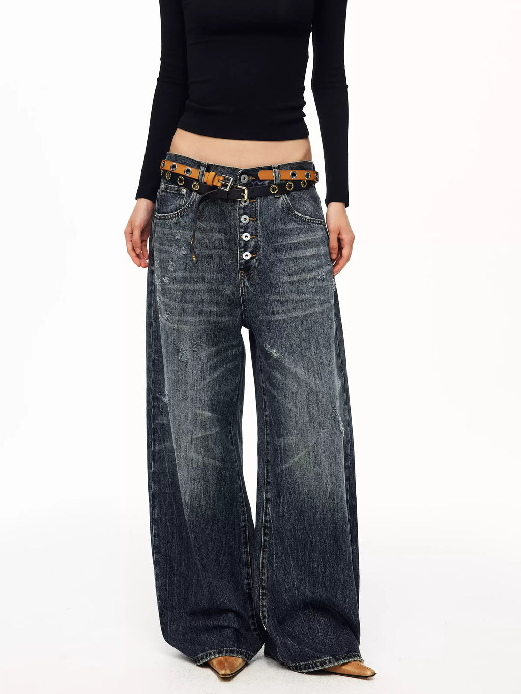BADMUSE Washed Button-Fly Wide-Leg Jeans