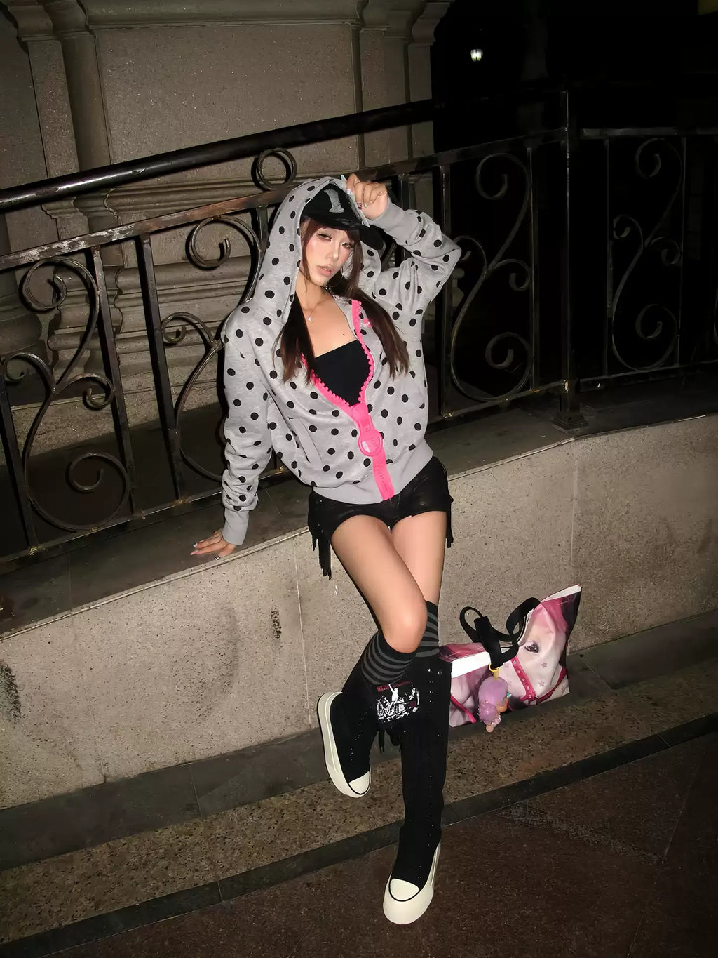 BADMUSE Oversized Zipper Polka Dot Hoodie