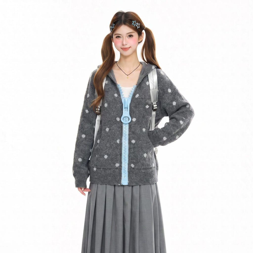 BADMUSE Polka Dot Big Zipper Hoodie Cardigan