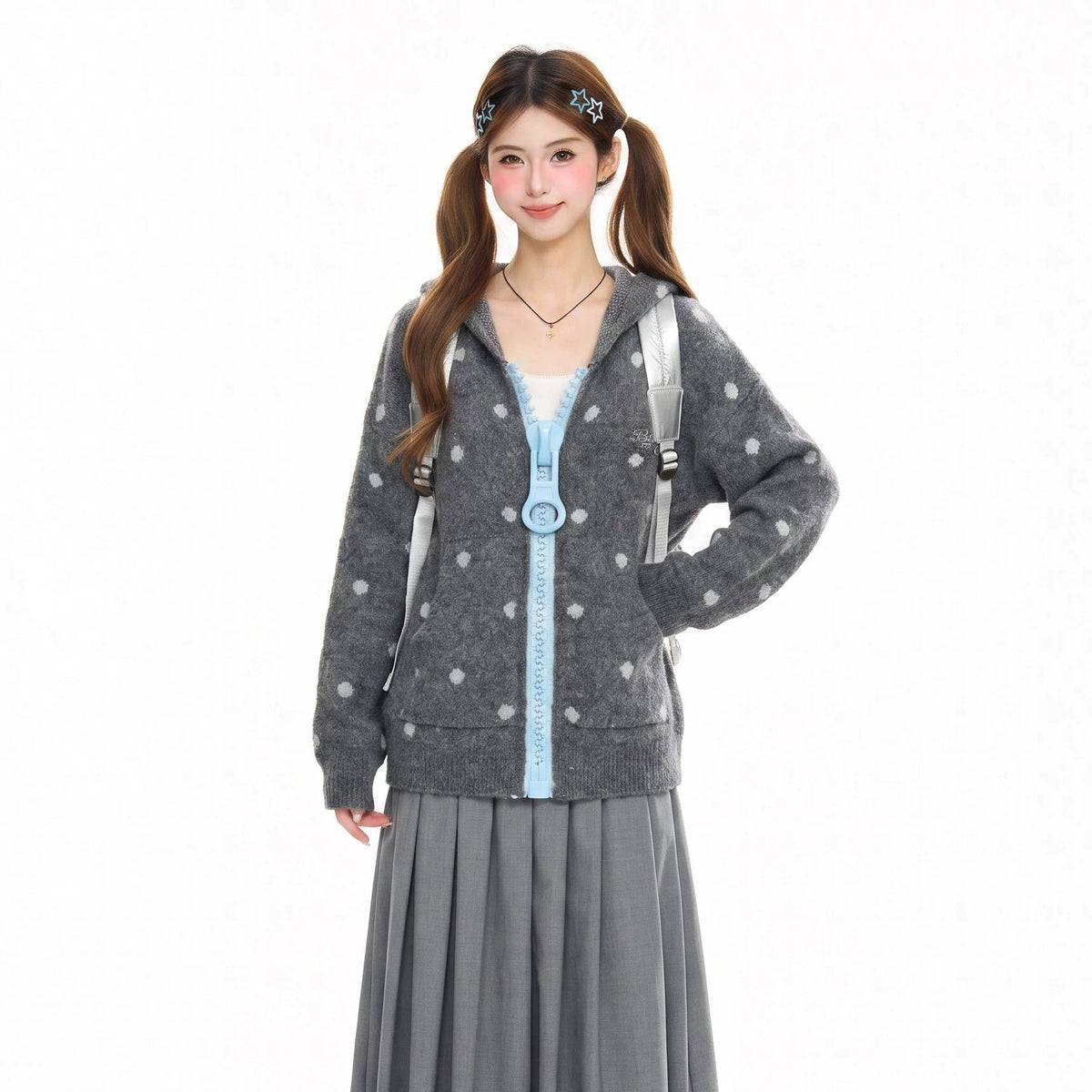 BADMUSE Polka Dot Big Zipper Hoodie Cardigan