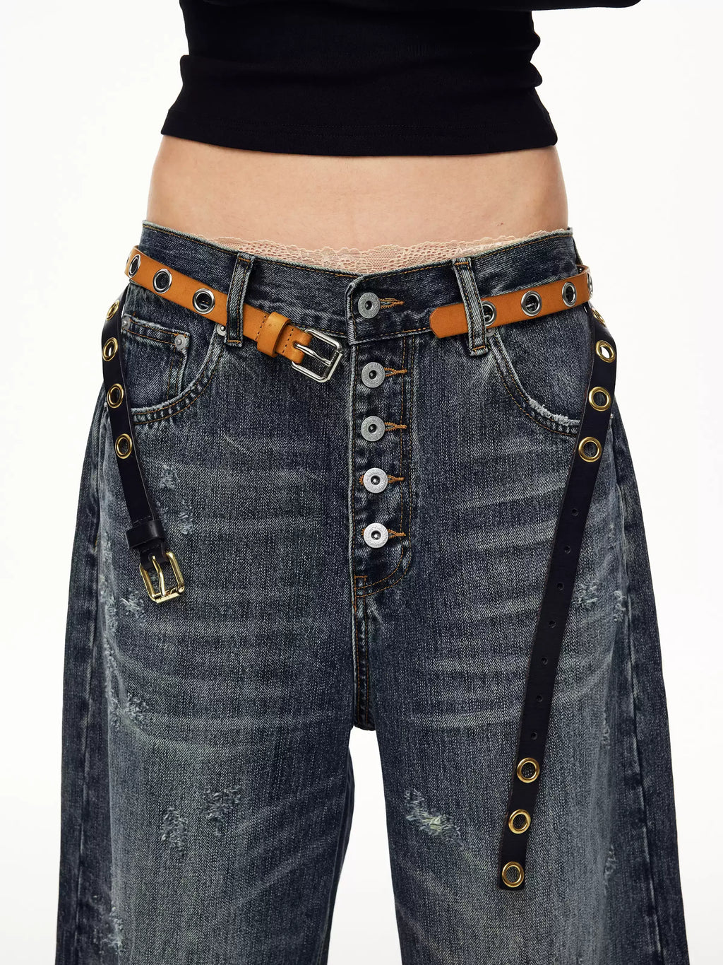 BADMUSE Washed Button-Fly Wide-Leg Jeans