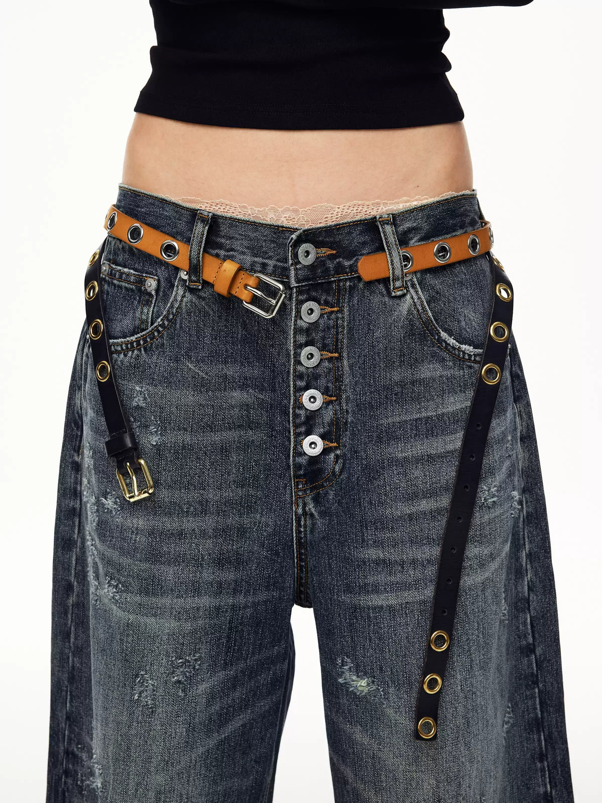 BADMUSE Washed Button-Fly Wide-Leg Jeans