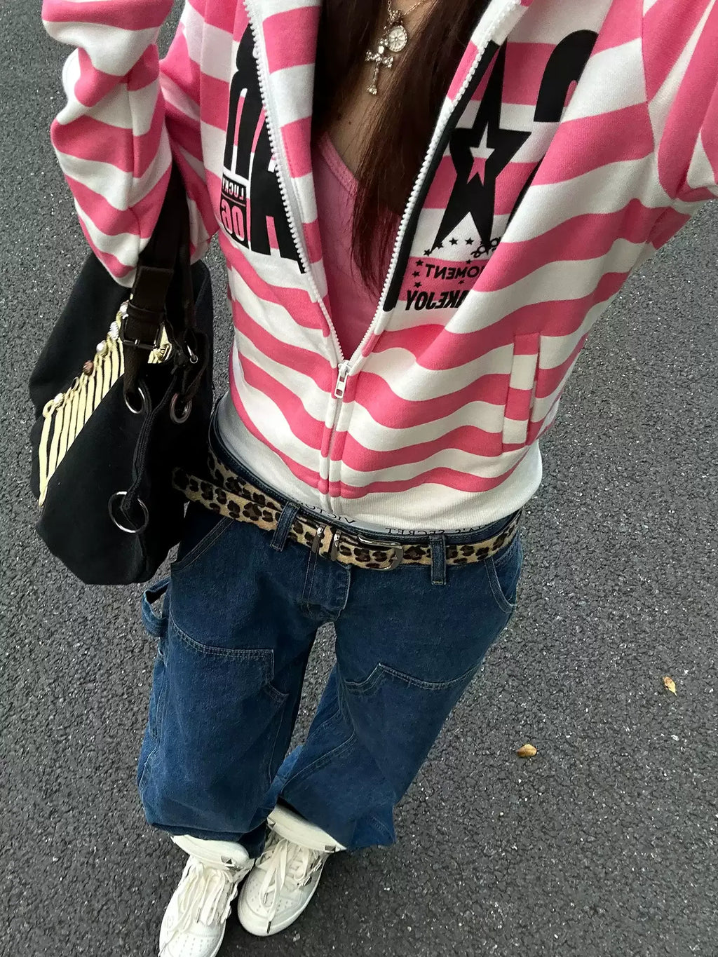 BADMUSE Y2K Contrast Stripe Graphic Zip-Up Hoodie