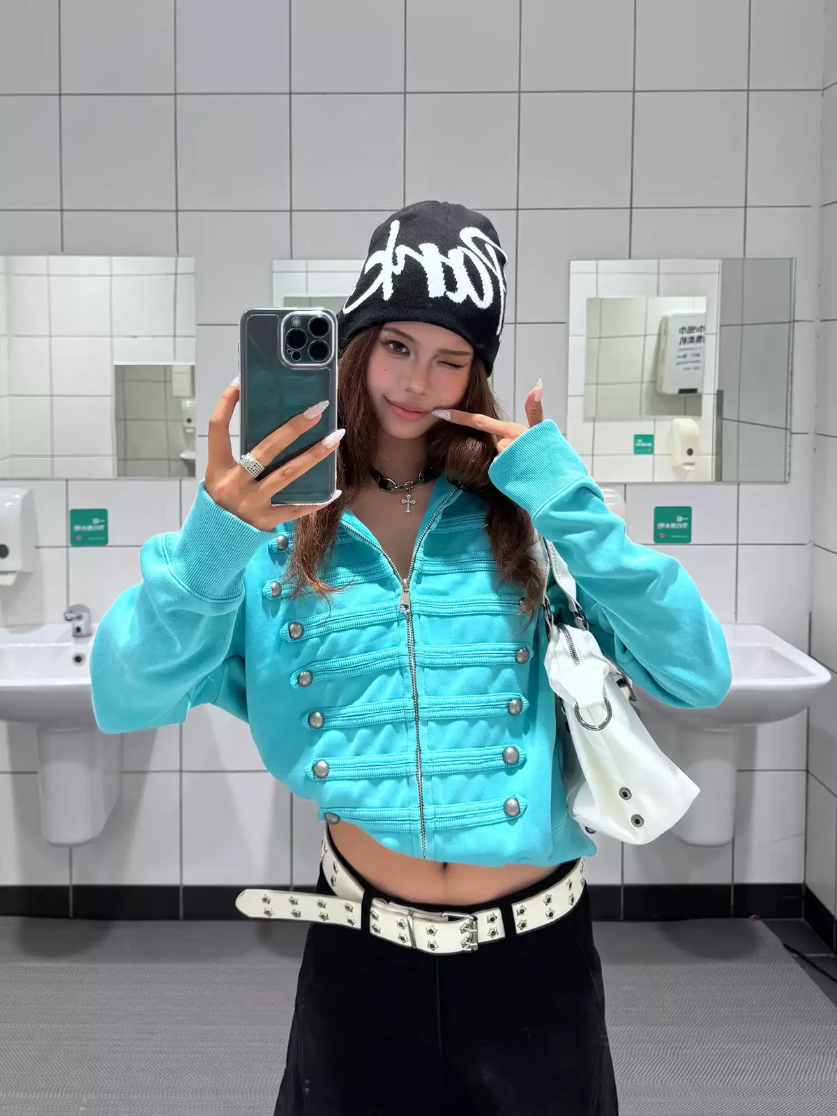 BADMUSE Metal Buckle Cropped Zip-Up Hoodie