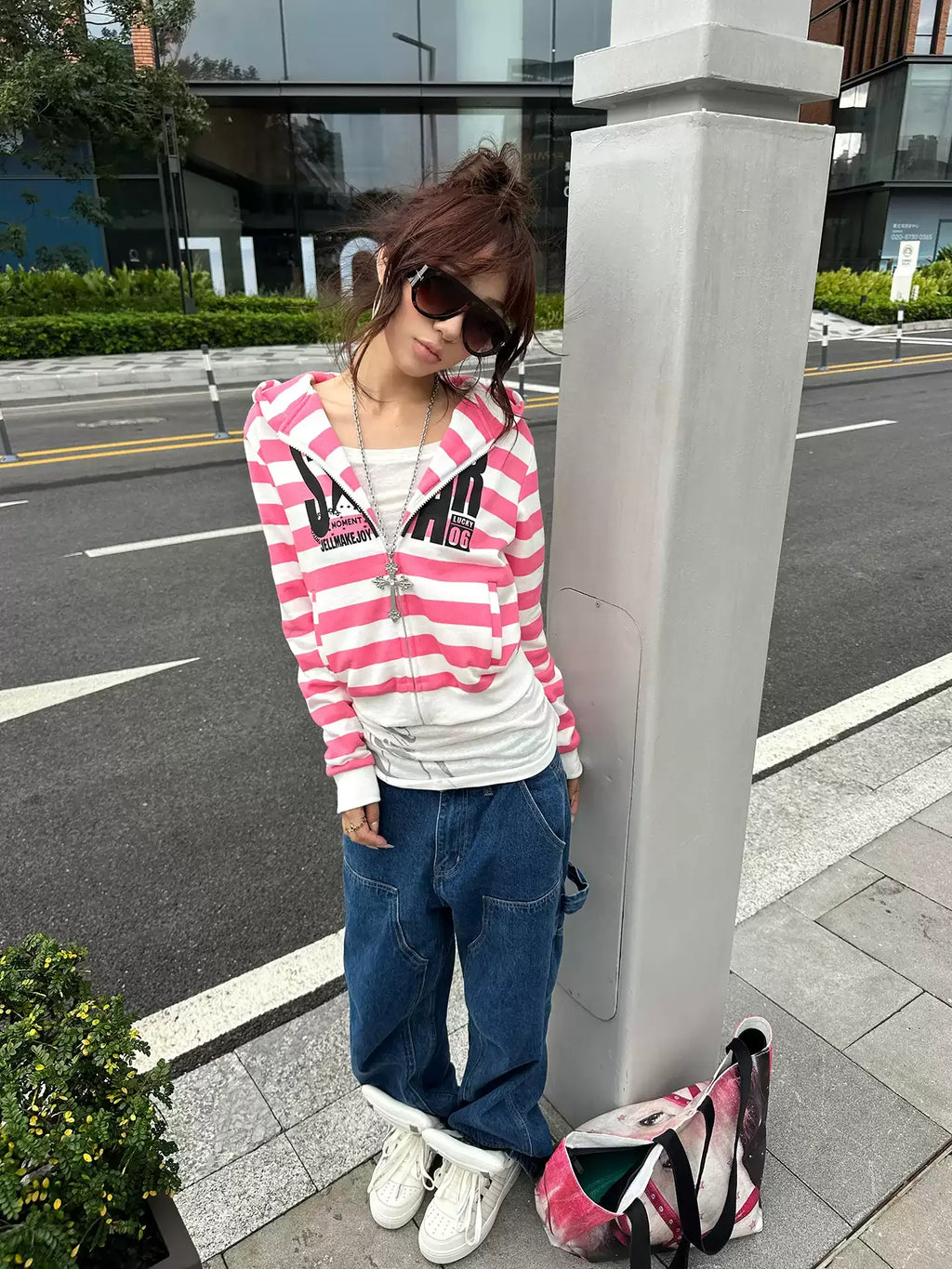 BADMUSE Y2K Contrast Stripe Graphic Zip-Up Hoodie