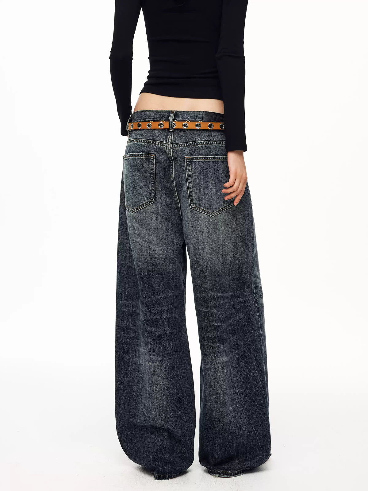 BADMUSE Washed Button-Fly Wide-Leg Jeans