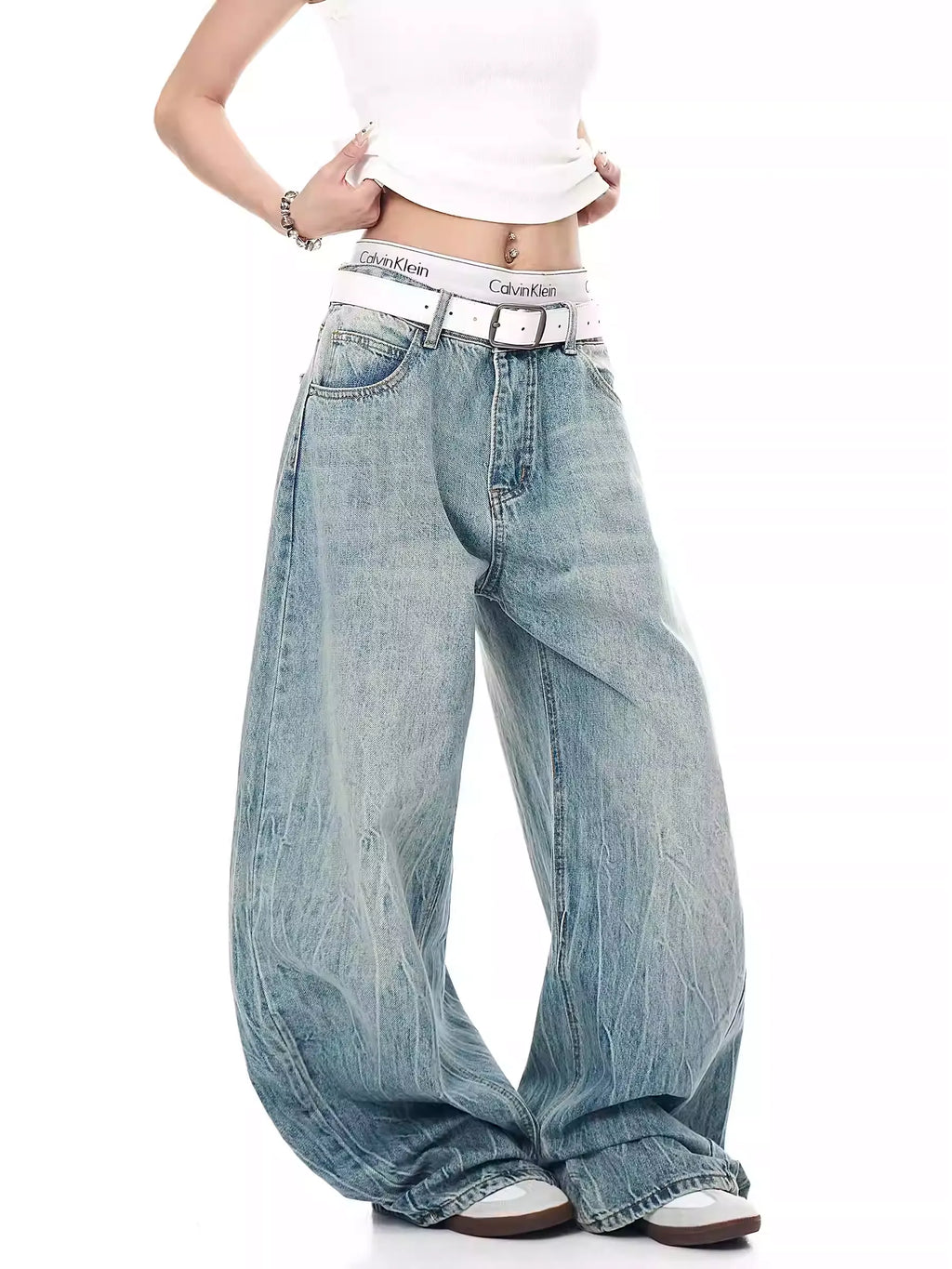 Retro Lightning Rhinestone Wide-Leg Jeans
